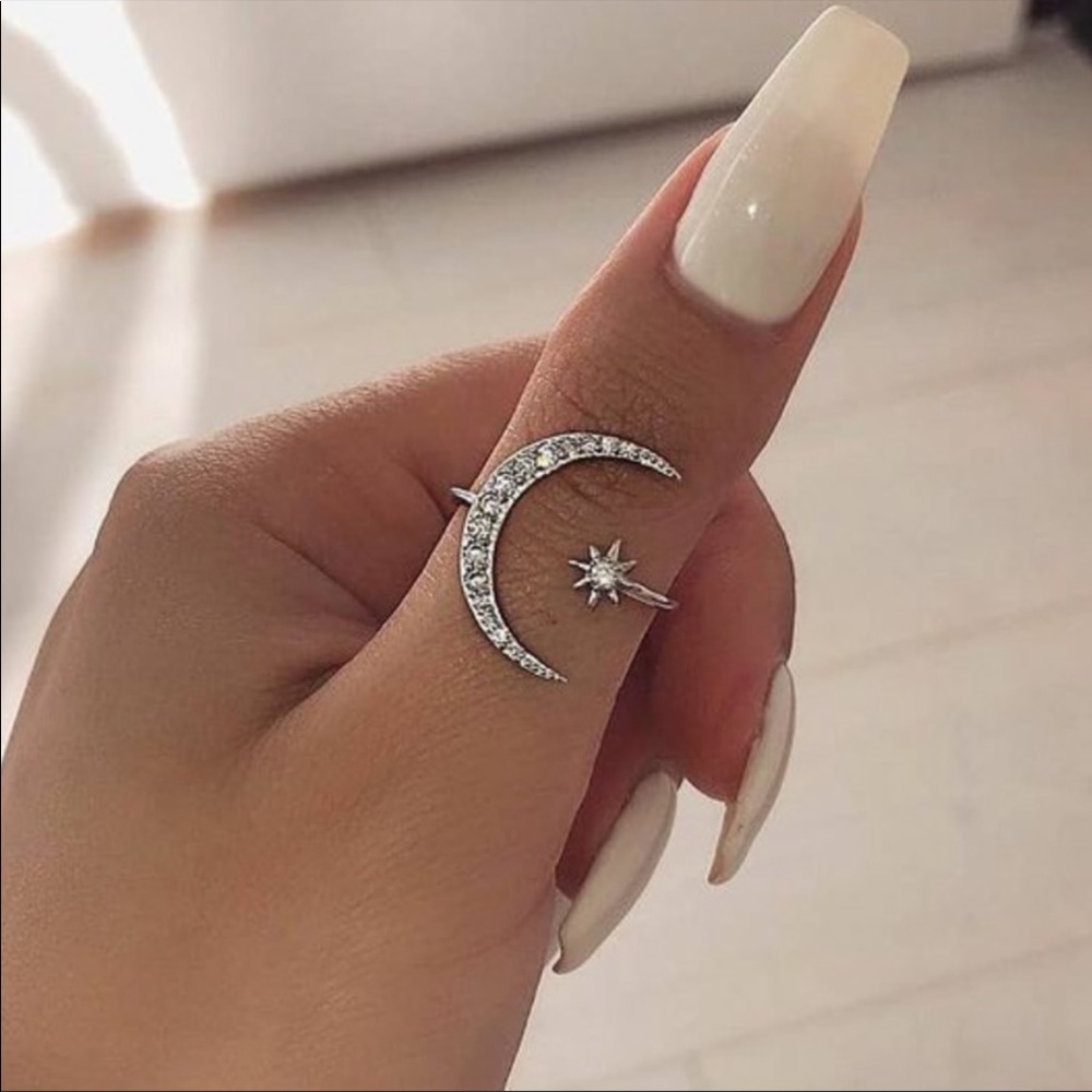 ADJUSTABLE 925 SILVER DIAMOND STAR MOON RING - Picture 4 of 8